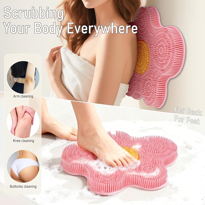 Shower Foot Scrubber Mat Silicone Back Scrubber Exfoliating Wall-Mounted, Feet Cleaner Message with Suction Cups Extra Long Bristles Washer Pad without Bending for Use in Shower Floor Women Pink