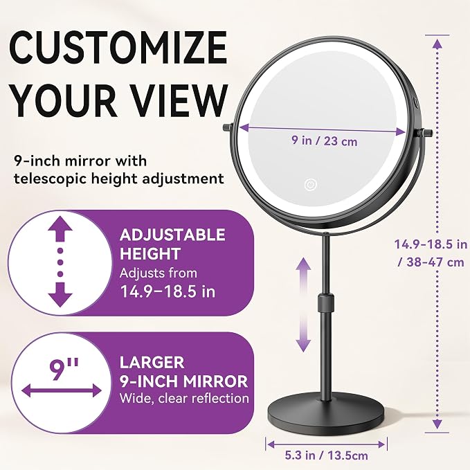 Auxmir 9" 5000mAh Magnifying Mirror, 1X/30X Lighted Makeup Mirror, Black | Rechargeable Battery, 3 Dimmable Colors, 14.9‑18.5" Adjustable Height, 360° Rotation, Stable Base, 30X Magnification