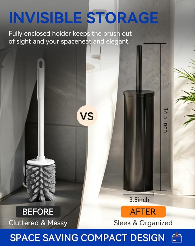 Dowry Toilet Bowl Brush and Holder for Bathroom, Deep Cleaning Toilet Brush and Holder Set with Long Handle, Hidden Toilet Bowl Scrubber with Replaceable Head,Modern Decor Black Round