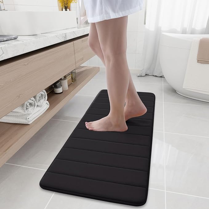 Buganda Memory Foam Bath Mat 47 x 17, Ultra Soft Absorbent Bathroom Rugs | Black, Machine Washable Quick Dry Bath Mats for Bathroom Floor, Shower and Tub, Home Decor Accessories
