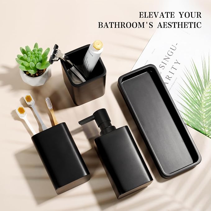 YMXYJM Bathroom Accessories Set, 4 Piece Toothbrush Holder Set, Matte Black | Bathroom Accessory Set with Soap Dispenser, Toothbrush Holder, Tumbler, Vanity Tray, Bathroom Sink Set for Modern Home Decor
