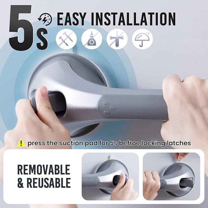 TAILI Shower Grab Bar 16 Inch Suction Cup Grab Bars for Bathroom, Removable Shower Safety Handle Heavy Duty Bathtub Grip for Seniors & Elderly, Strong Handrails No Drilling Waterproof, Silver,G9