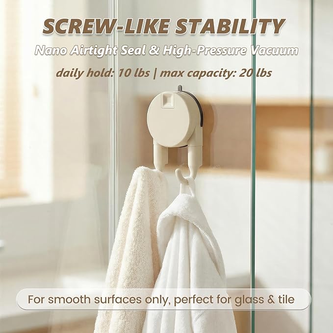 Strong Suction Cup Hooks for Shower, Bathroom, Kitchen, Heavy Duty Hangers for Door Wreaths, Robe, loofah, Towel, Utensils, Removable Wall Hooks for Tile, Glass, Mirror (2 Pack-Cream)
