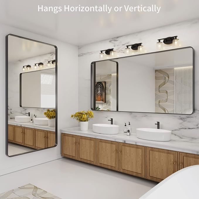 LOAAO 72X32 Inch Black Bathroom Mirror Metal Framed | Rounded Rectangle, Matte Black, Anti-Rust, Tempered Glass, Hangs Horizontally or Vertically