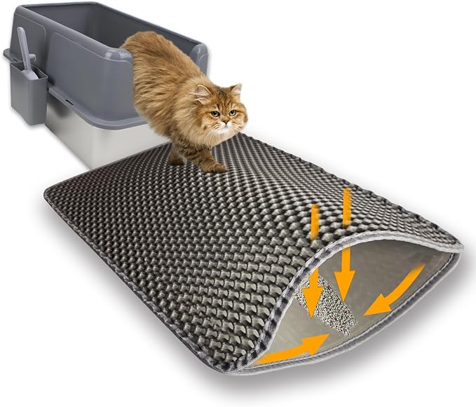 Cat Litter Box Mat,Double-Layer Honeycomb Litter Trap 30"x22" Gray | Catches Scattered Particles to Stop Tracking,Waterproof Design Urineproof Base Protects Floors, Easy to Clean, Indoor Cats