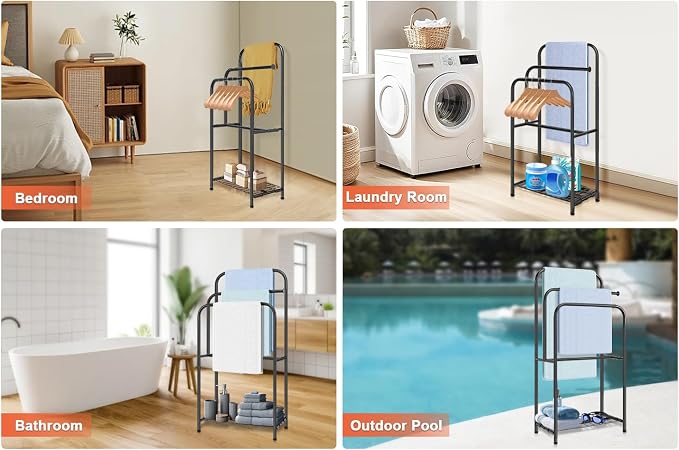 Towel Racks for Bathroom, 35" H Standing Towel Holder 3 Tier Metal Pool Towel Hanger Outdoor Floor with Storage Shelves for Blanket Bath Towel Drying (Matte Black)