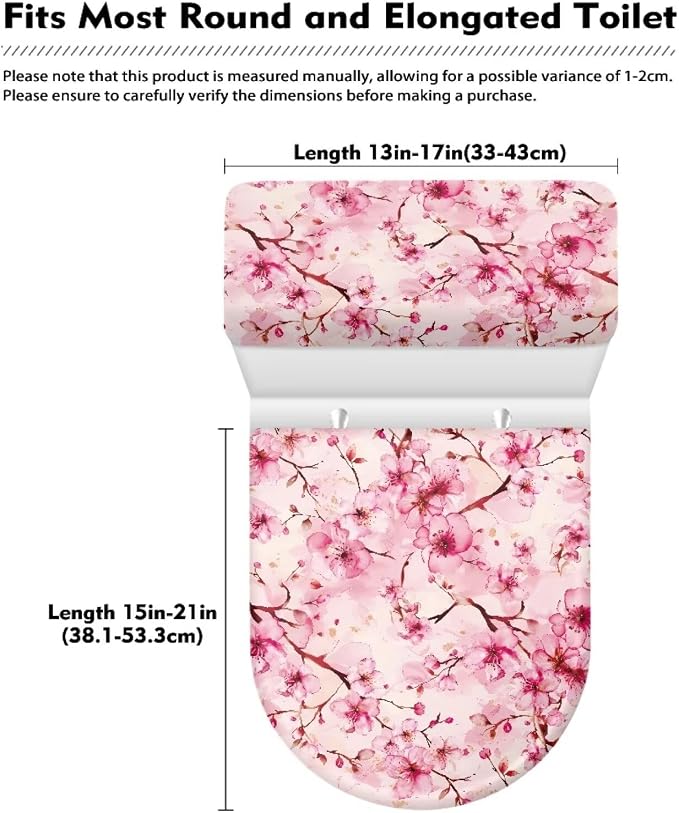 Peach Blossom Toilet Lid Covers for Bathroom Set Soft Toilet Seat Cover Set with Elastic Band Washable Elongated Home Decoration