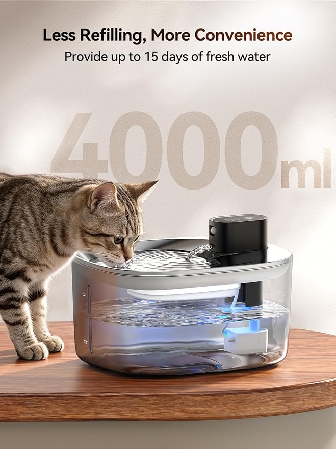 FEELNEEDY Wireless Cat Water Fountain Stainless Steel with Sensor, 4000mAh Battery Operated, 4L/135fl oz Pet Water Fountain for Cats Dogs, Ultra Quiet Cat Drinking Fountain with 2 Filters (YPD-C004S)