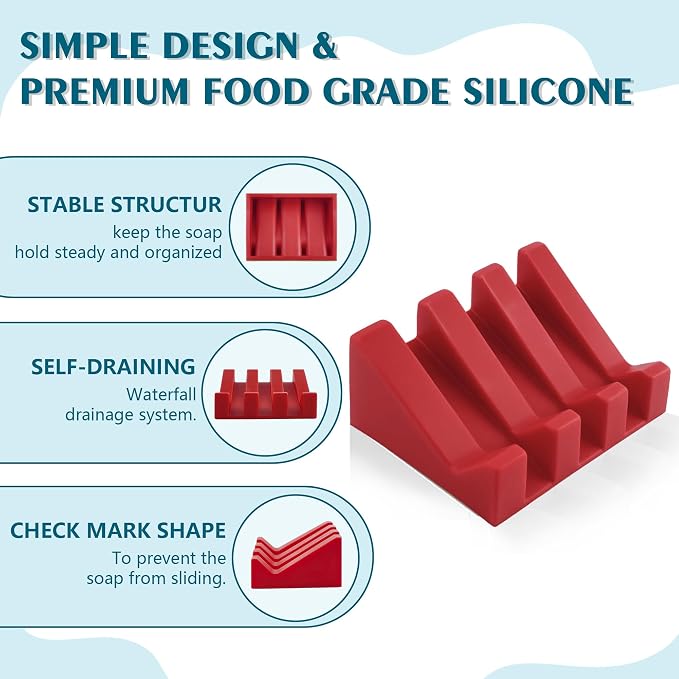 Self Draining Soap Dish Holder,Silicone Soap Dish,for Bathroom,Kitchen, Sponges，Can Extend Soap Life，Keep Soap Bars Dry and Easy Cleaning (Red,1-Pack)