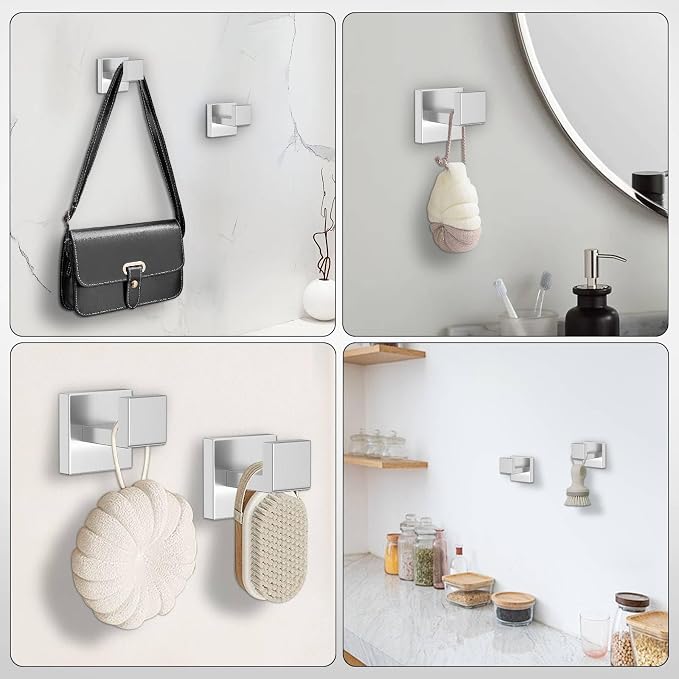 Towel Hooks Bathroom Coat Robe Wall Hook Heavy Duty Door Hanger Towel Robe Clothes Rack for Bathroom Bedroom Kitchen Hotel Pool 4 Packs-Brushed Nickel Stainless Steel Wall-Mounted