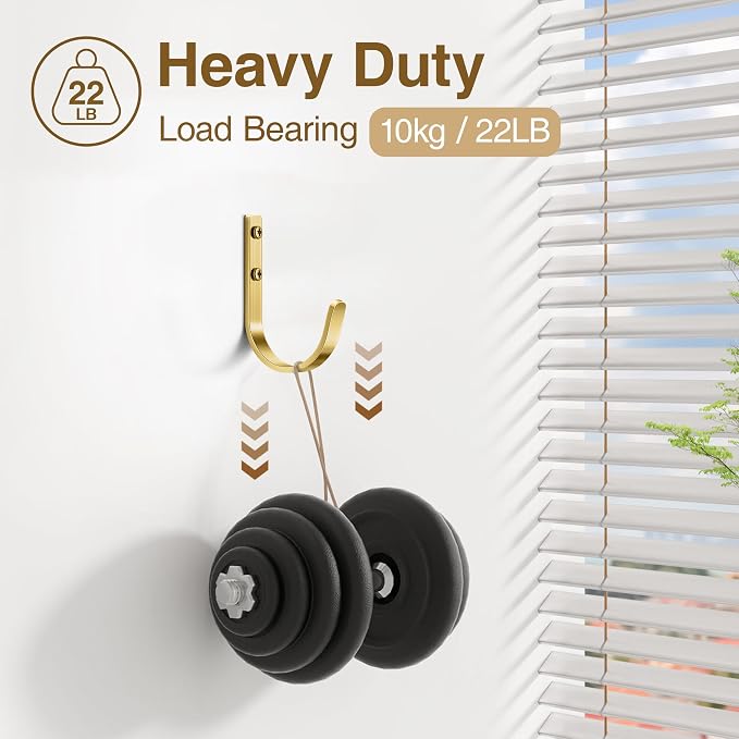 10 Pack Wall Hooks for Hanging Towel/Coat - 22LB Screw in Metal Hanger Wall Mount, for Outdoor, Closet, Door, Bathrooms, for Backpack, Robe, Brushed Gold