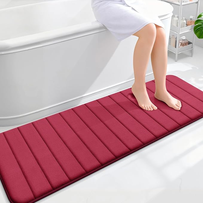 OLANLY Memory Foam Long Bathroom Rugs Runner 59x20, Super Soft Absorbent | Burgundy, Quick Dry Bath Mat, Machine Washable Shower Floor Rugs, Bathmat Carpet for Bathroom Floor, Tub and Shower
