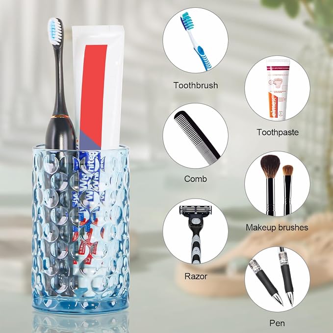 Glass Toothbrush Holder, Blue Bathroom Toothbrush and Toothpaste Holder Set, 11 oz Bathroom Tumbler Cup Set, Decorative Countertop Storage Cups Organizer for Toothpaste, Brushes