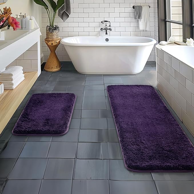 MIULEE Dark Purple Bathroom Rugs Set 2 Piece Soft Bath Mats 16x24+16x48 in | Soft Absorbent Microfiber Bath Rugs, Non Slip, Quick Dry, Fluffy Bath Rugs for Bathroom Floor Tub Showers, Machine Washable