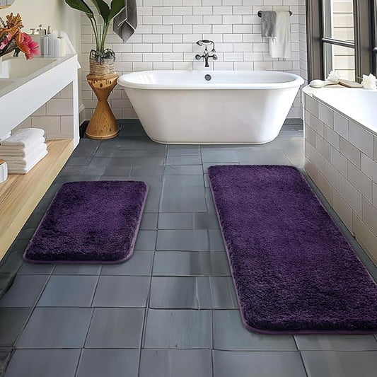 MIULEE Dark Purple Bathroom Rugs Set 2 Piece Soft Bath Mats 16x24+16x48 in | Soft Absorbent Microfiber Bath Rugs, Non Slip, Quick Dry, Fluffy Bath Rugs for Bathroom Floor Tub Showers, Machine Washable