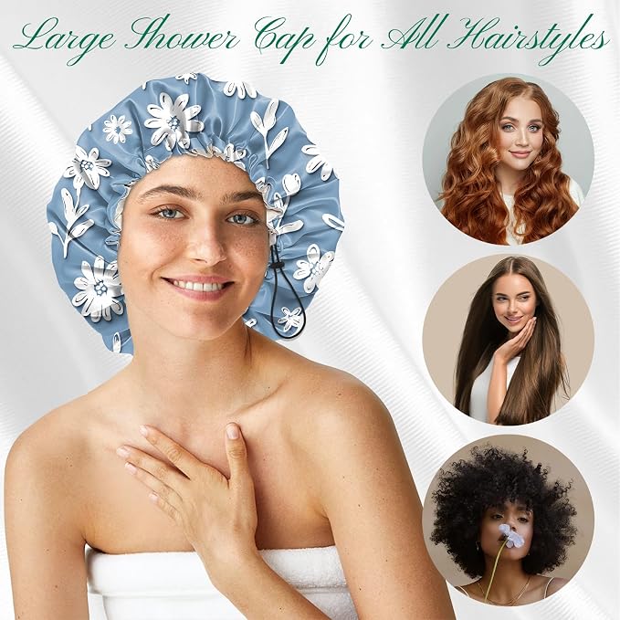 2 PCS Shower Cap Waterproof Double Layer Elastic Adjustable Reusable Hair Bath Caps for Girls Women Cute Aesthetic-Blue White