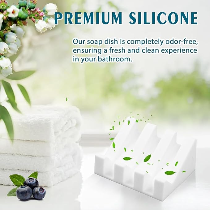 Self Draining Silicone Soap Dish Holder Waterfall Tray, 1 Pack White | Waterfall design drains fast to keep soap dry, non-slip silicone base anti slide, soap saver for bathroom & kitchen