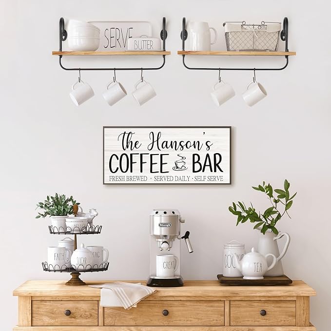 Olakee Floating Wall Shelves for Kitchen Bathroom Coffee Nook with 10 Adjustable Hooks for Coffee Mugs, Coffee Bar Organizer and Decor, Rustic Storage Shelves Set of 2