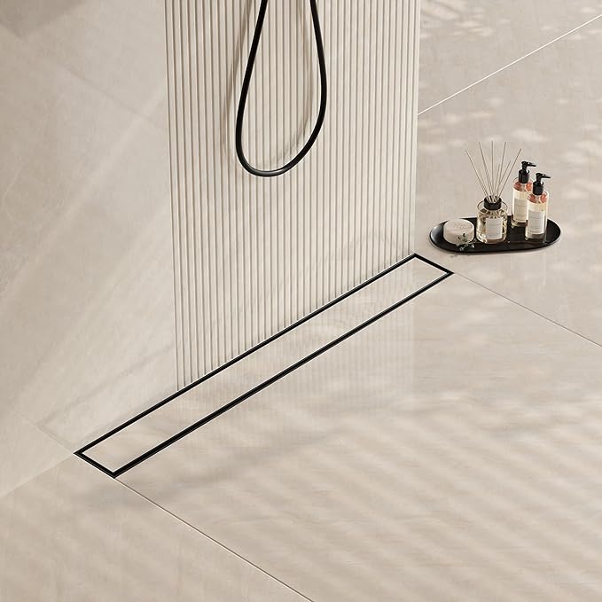 Neodrain 28 in Matte Black Linear Shower Drain- with 2-in-1 Flat & Tile Insert Cover, 304 Stainless Steel Rectangle Shower Floor Drain,Floor Shower Drain