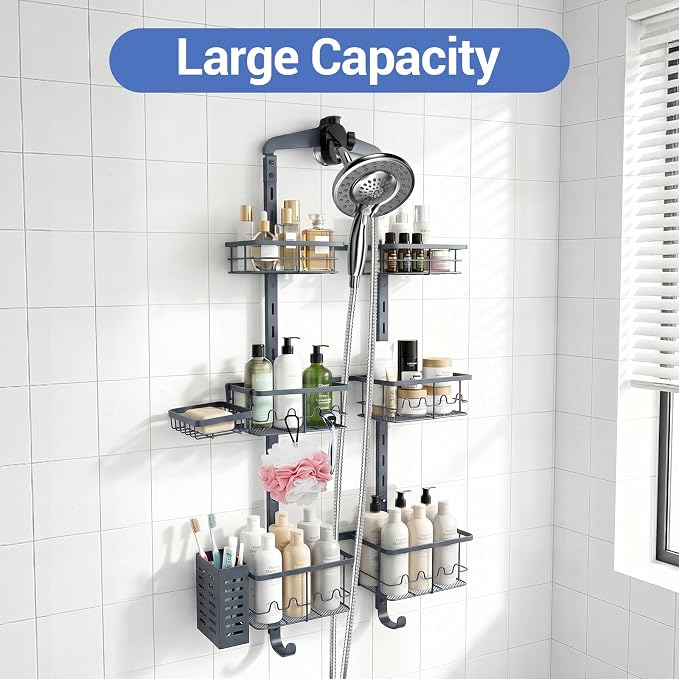 Extra Large Shower Caddy Hanging, Rust-Resistant Shower Organizer Hanging,3 Tier Height-Adjustable Over the Head Caddy,Rack with Soap Basket (Gray)