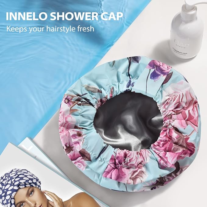 INNELO Shower Cap for Women Reusable Waterproof, Double Layer, Satin Lined | Bath Cap, Adjustable Elastic Strap, Large Size for Short Long Curly Hair, Soft Silky Lined, Anti Frizz, Shower Essentials