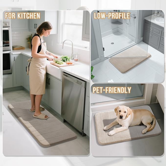 Yimobra Memory Foam Bath Mat Set 2 Piece - Super Soft Absorbent Quick Dry Bathroom Toilet Rugs, Machine Washable Non Slip Floor Carpet for Tub Shower & Single Sink (31.5x20 & 24x20, Beige)