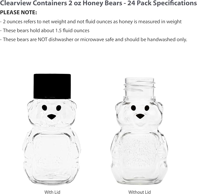 2 Ounce Honey Bears with Sealable Black Screw Top Lid - 24 Pack (2 oz. Bear, 24pk, Black)