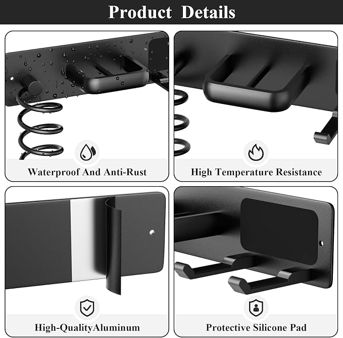 Tindbea Hair Dryer Holder Wall Mount Aluminum Alloy Hot Tools Organizer | Heavy Duty, Matte Black