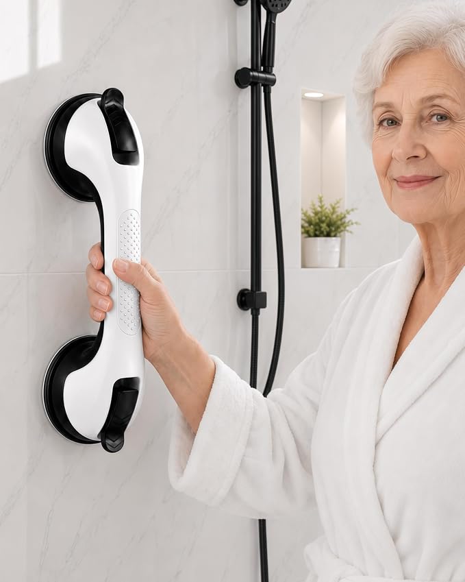 Gel-Enhanced Shower Grab Bar for Seniors and Elderly, Heavy Duty Suction Cup Shower Handle for Bathtubs and Showers, No Drilling Removable Bathroom Safety Bar for Tub and Shower Support
