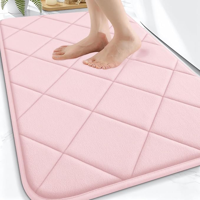 OLANLY Memory Foam Bath Mat 30x20, Ultra Soft and Absorbent Bathroom Rugs | Pink, Quick Dry, Machine Washable Shower Bath Rugs, Comfortable Bath Carpet for Bathroom Floor, Tub and Shower
