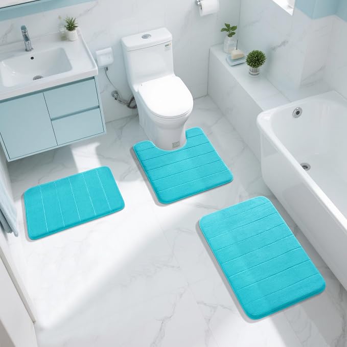 Yimobra Memory Foam Toilet Bath Mat U-Shaped, Soft and Comfortable, Super Water Absorption, Non-Slip, Thick, Machine Wash and Easier to Dry for Bathroom Commode Contour Rug, 24 X 20 Inches, Lake Blue
