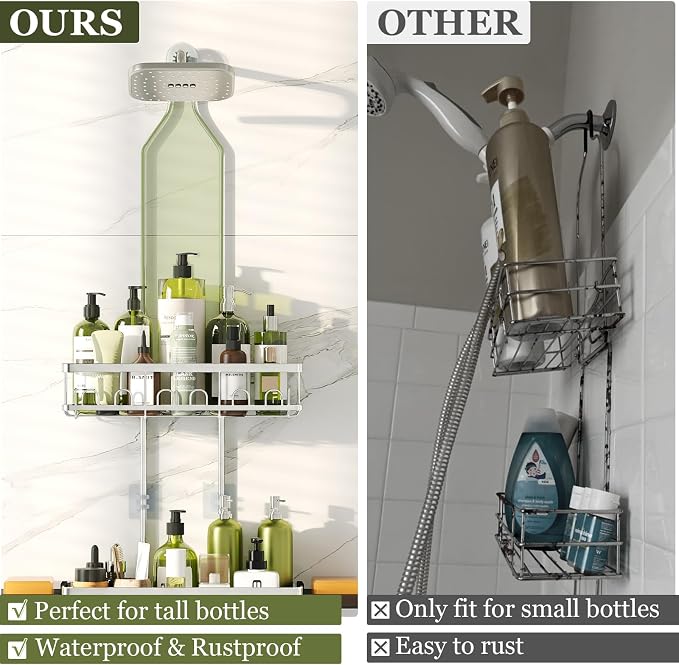 Skyapex Shower Caddy Hanging: Adjustable Height, Rustproof Shelves with Hooks, 2 Soap Holders - Silver Shower Organizer Over Showerhead