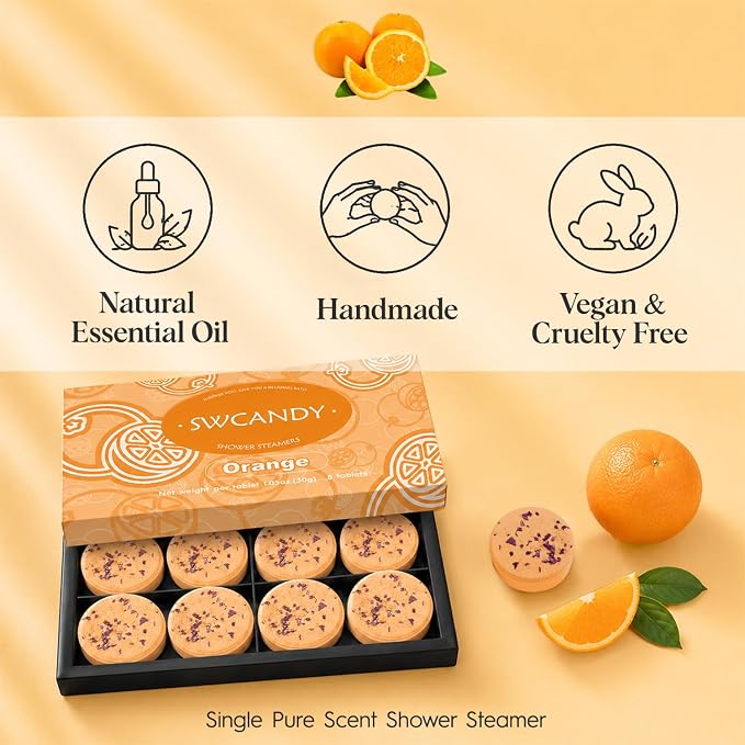 SWCANDY Orange Shower Steamers 8 Pack, Home Spa Self Care | Bright citrus aromatherapy with natural essential oils shower gift for women, men, wife & husband.