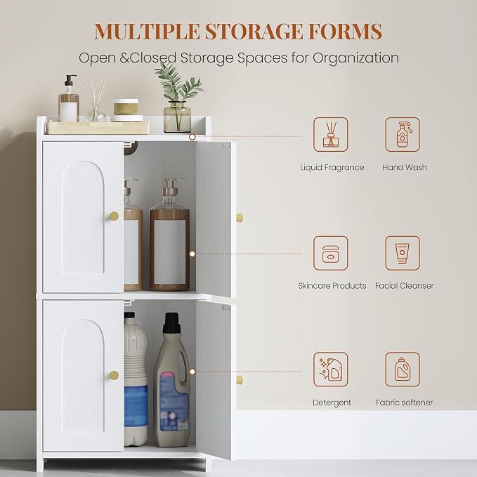 HEXCELEN Small Storage Cabinet, Bathroom Storage Cabinet with 4 Doors, Floor Bathroom Organizer Freestanding for Small Spaces, Living Room, Kitchen, Entryway (Mediterranean, White)