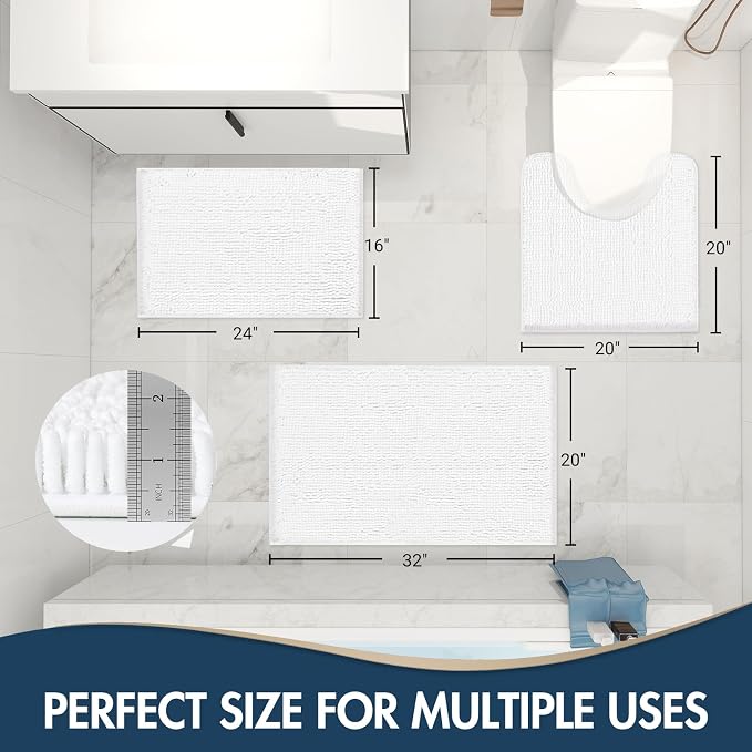 TREETONE Bathroom Rugs Sets, Thick Soft Absorbent 3 Piece Chenille Bath Rugs, Non-Slip, Dry Quickly, Machine Washable, Shaggy Mats with U-Shaped Toilet Rug for Bathroom Floor, Tub and Shower, White