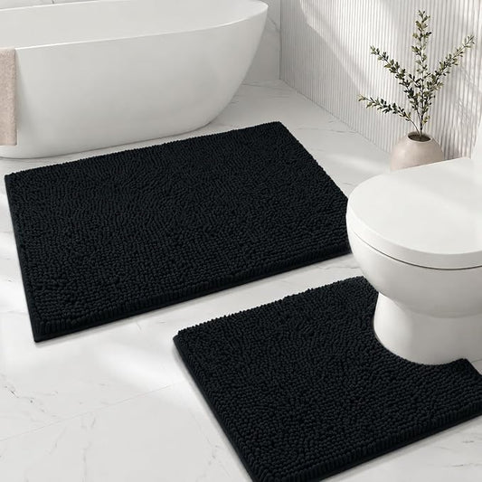Bathroom Rugs Sets 2 Piece,Super Absorbent Soft,Thick,Machine Washable Chenille Bath Mat,Non Slip Toilet Floor Rug,Bath Mats for Bathroom,20x32 Plus 20x20 U Shape,Black
