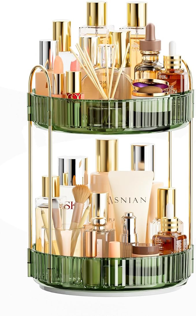 Bathroom Organizer Countertop, Rotating Makeup Organizer for Vanity, Clear Under Sink Organizers, Vanity Tray Shelf for Cosmetic, Skin Care, Perfume (Green, 2 Tier)