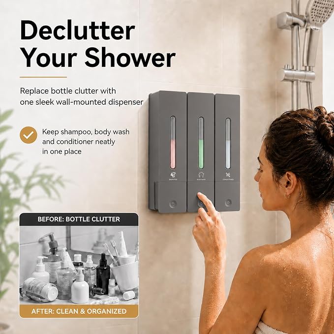 Shampoo and Conditioner Dispenser - Wall-Mounted 3-Chamber Shower Soap Dispenser, No-Drill, 1200ML Capacity, for Bathroom & Hotel