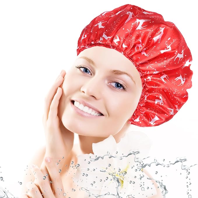 Shower Caps for Women, 4 PCS Reusable Waterproof Bath Cap | Double Layer, Washable, Wide Elastic Band, Holds Long Hair, Caps for Bath Accessories, Spa, Travel Home - Chrismas Pattern