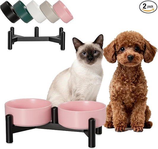Raised Ceramic Dog Bowl Set with Stand, 1.6 Cups Elevated Dog Food Stand | 5.1'' Double Dog Food and Water Bowl Set, Non-Slip Dog Feeding Dishes for Small Breeds and Cats, 10.8 OZ, Pink