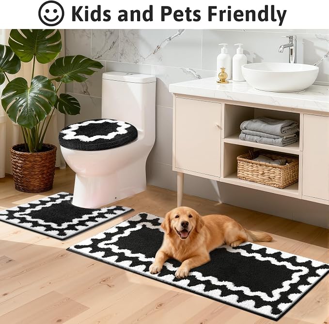 Findosom Bathroom Rugs Sets 5 Piece, Absorbent Soft Non-Slip Bath Rug Set | Washable Microfiber Shaggy Bath Mat Set with Bathroom Runner Rug, U-Shaped Toilet Rugs, Shower Rug & Toilet Lid Cover, Black