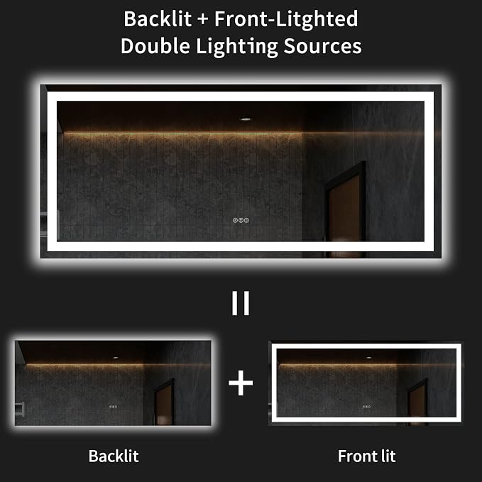 LOAAO 60"X28" LED Bathroom Mirror with Light, UL Listed | Anti-Fog, Dimmable, 3 Color Temperature, Backlit + Front Lit, Memory Function, Tempered Glass