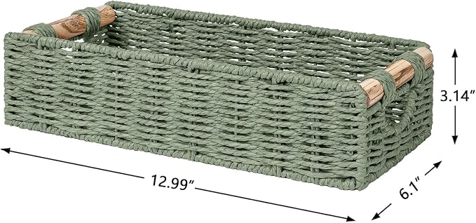 CubesLand Back of Toilet Storage Basket for Organizing w/Cut Out Handle, Handwoven Toilet Tank Top Paper Baskets, Small Wicker Decorative Basket for Countertop, Home, Living Room, Nursery, Green