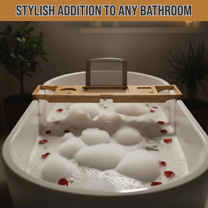 Bamboo Bathtub Caddy Tray with Extending Wood Sides -Fits Any Bath, Hot Tub and Jacuzzi