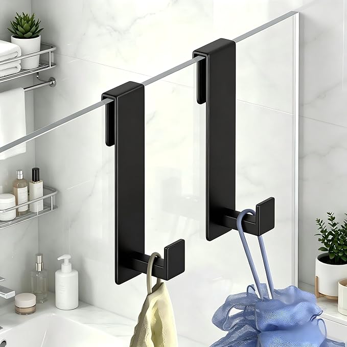 Shower Door Hooks, Heavy Duty Rack Hooks for Robe, Stainless Steel Towel Hooks for Bathroom, Fits Frameless Glass Shower Doors up to 3/8" (10mm) Thick (Black, 2 Pack)