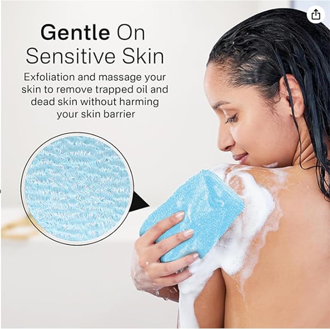 Exfoliating Washcloth Towel, Japanese Exfoliating Wash Cloth, Korean Body Scrubber Exfoliator, Back Scrubber Washer for Shower Bath, Body Scrub African Net Sponge Loofah Luffa (Blue)