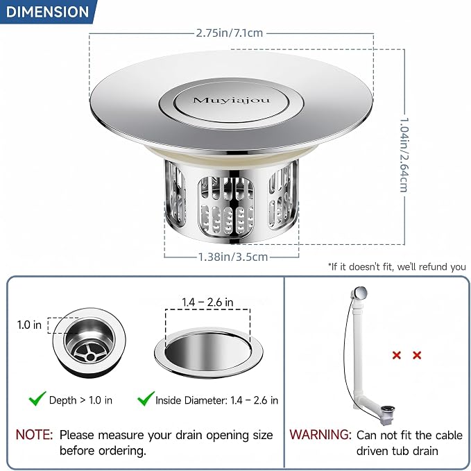 3-in-1 Flip-Cover Bathtub Drain Stopper, Muyiajou, Flush Design, Flip-Cover (No Springs), 2 Strainers, Fits 1.4"-2.6" Drains, Rustproof, Tool-Free（Silver）
