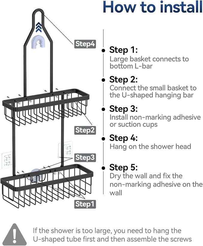YASONIC Never Rust Shower Caddy Hanging, Aluminum Shower Racks for Inside Shower, 2-Tier Shower Organizer Hanging Over Shower Head with Hooks and Soap Holder, Black