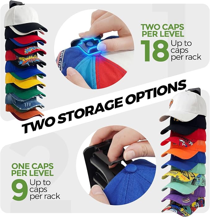 DIY 2Pack Hat Organizer – Holds 36 Hats, Adjustable Clips, Adhesive or Screw Mount, for Baseball Caps & Snapbacks, Space-Saving Cap Holder & Hat Storage Wall Rack for Closet & Door, Black