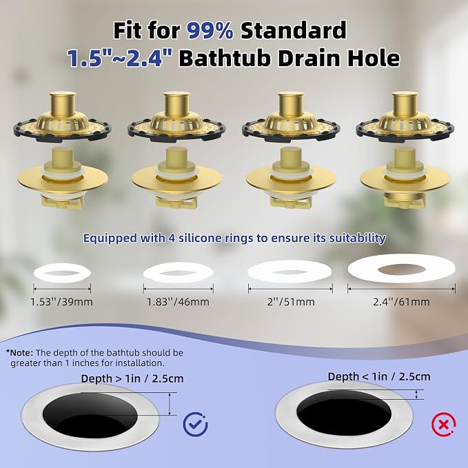 Universal Bathtub Drain Stopper All Metal Top Hair Catcher, Brushed Gold | Shower Drain Tub Stopper with Stainless Steel Visible Filter Basket, Upgraded 3 in 1 Pop-up Drain Plug for 1.5 to 2.4" Hole